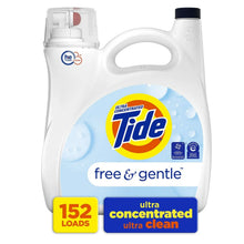 Laundry detergent bottle with Tide Free & Gentle label, 152 loads, white jug.