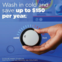 Hand holding washing-machine temperature dial showing cold and hot settings