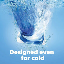 Blue detergent splash with foamy white water, designed for cold wash