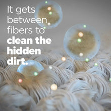 Light-colored fabric fibers with soap bubbles, illustrating hidden dirt removal