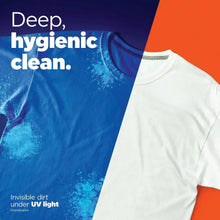 White T-shirt with blue water-splash cleaning graphic beside laundry detergent concept