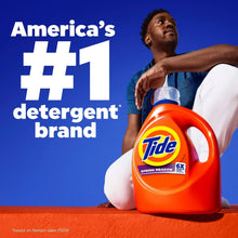 Tide #1 detergent brand jug on a blue background with a person seated beside it.