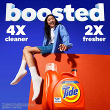 Tide Original detergent jug in foreground with a person and boosted cleaner text.