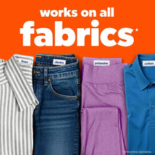 Laundry detergent graphic showing works on all fabrics: cotton, denim, polyester, linen