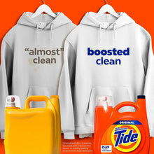 Orange and yellow Tide detergent bottles next to two white hoodies on hangers.