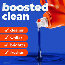 Orange Tide liquid laundry detergent bottle with nozzle pouring clear liquid.