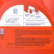 Tide liquid laundry detergent jug back label with instructions and caution text.