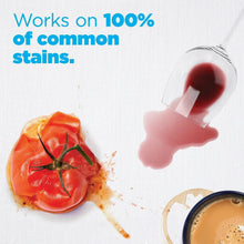 Laundry detergent pods stain-removal concept with common stains on light fabric