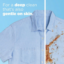 Laundry detergent pacs ad showing light blue shirt with stain area comparison