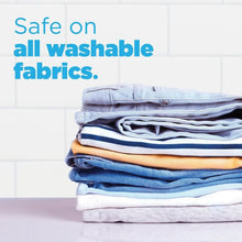 Laundry detergent pods safe for all washable fabrics, folded clothes stack on shelf