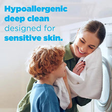 Hypoallergenic Tide PODS detergent for sensitive skin, shown during laundry with towel.