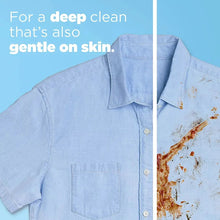 Tide PODS Free & Gentle deep-clean detergent on light blue shirt with stain.