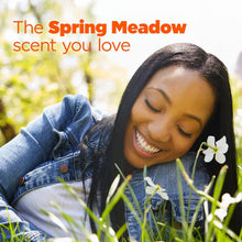 Spring Meadow scented laundry detergent concept with smiling woman holding flowers
