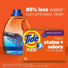 Tide PODS Spring Meadow box beside detergent bottle with 85% less water claim