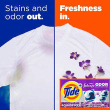 White shirt with Tide Power PODS and purple flower graphics