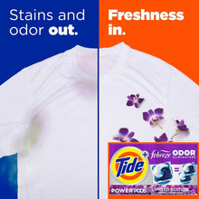 Laundry detergent pods shown on a white T-shirt with Tide logo and small package graphic.