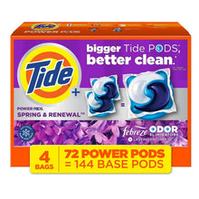Laundry detergent pods box with Tide logo, blue-and-white pods, Febreze odor eliminators.