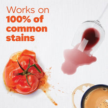 Laundry detergent pods stain-removal graphic with tomato stain and liquid splash.