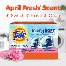 Laundry detergent pods box with April Fresh scent and pink flower decoration.