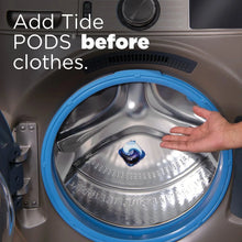 Front-load washing machine with detergent pod added before clothes, Tide pods step