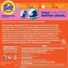 Laundry detergent pods box back panel with usage and safety information text.