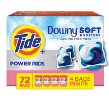 Laundry detergent pods box with Tide Power PODs and Downy Soft Boosters, April Fresh.
