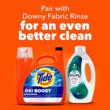 Tide Ultra Oxi Boost detergent bottle with Downy Fabric Rinse bottle for laundry.
