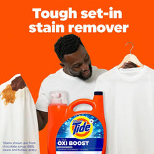 Tide Ultra Oxi Boost detergent bottle with a man and two white shirts on hangers.