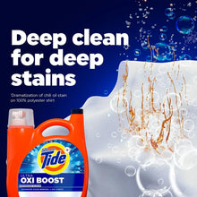 Tide Ultra Oxi Boost detergent bottle next to a white shirt with stain lifting from fabric.