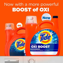Two Tide Ultra Oxi Boost detergent jugs, one old and one new, stacked in front