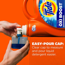 Tide Ultra Oxi Boost detergent bottle with clear easy-pour cap being measured and poured.