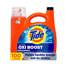 Tide Ultra Oxi Boost liquid laundry detergent bottle, orange with blue cap.