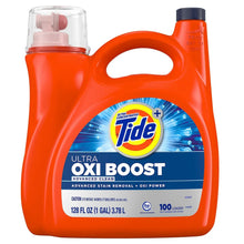 Tide Ultra Oxi Boost liquid laundry detergent bottle, front view with 100 loads label.