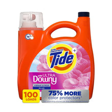 Orange Tide Ultra Downy liquid laundry detergent bottle with handle, 100 loads front view