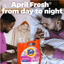 Orange Tide liquid detergent bottle with April Fresh text on day-to-night lifestyle split scene