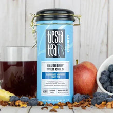 Tiesta Tea Blueberry Wild Child herbal loose leaf tea tin with fruit and tea leaves