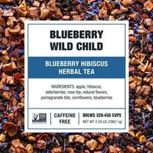 Blueberry Wild Child herbal tea label with ingredient and caffeine-free details