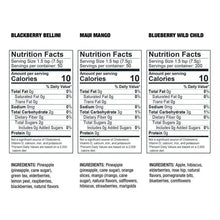 Nutrition Facts panels for three herbal tea varieties, with serving and ingredient info.