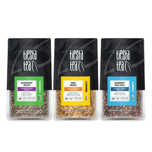 Loose leaf herbal tea variety pack, three sealed bags shown together with label details.