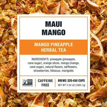 Maui Mango mango pineapple herbal tea label on loose leaf tea background