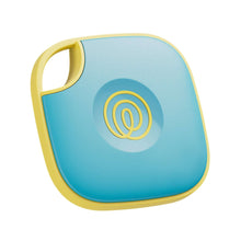 Bluetooth tracker tile with aqua blue body and yellow keyring loop