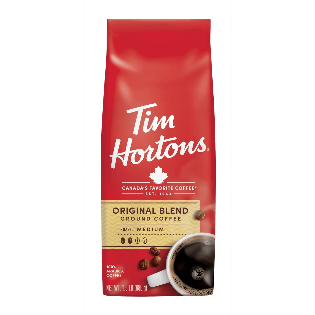 Tim Hortons 100% Arabica Original Blend Medium Roast Ground Coffee, 24 Oz, Bag