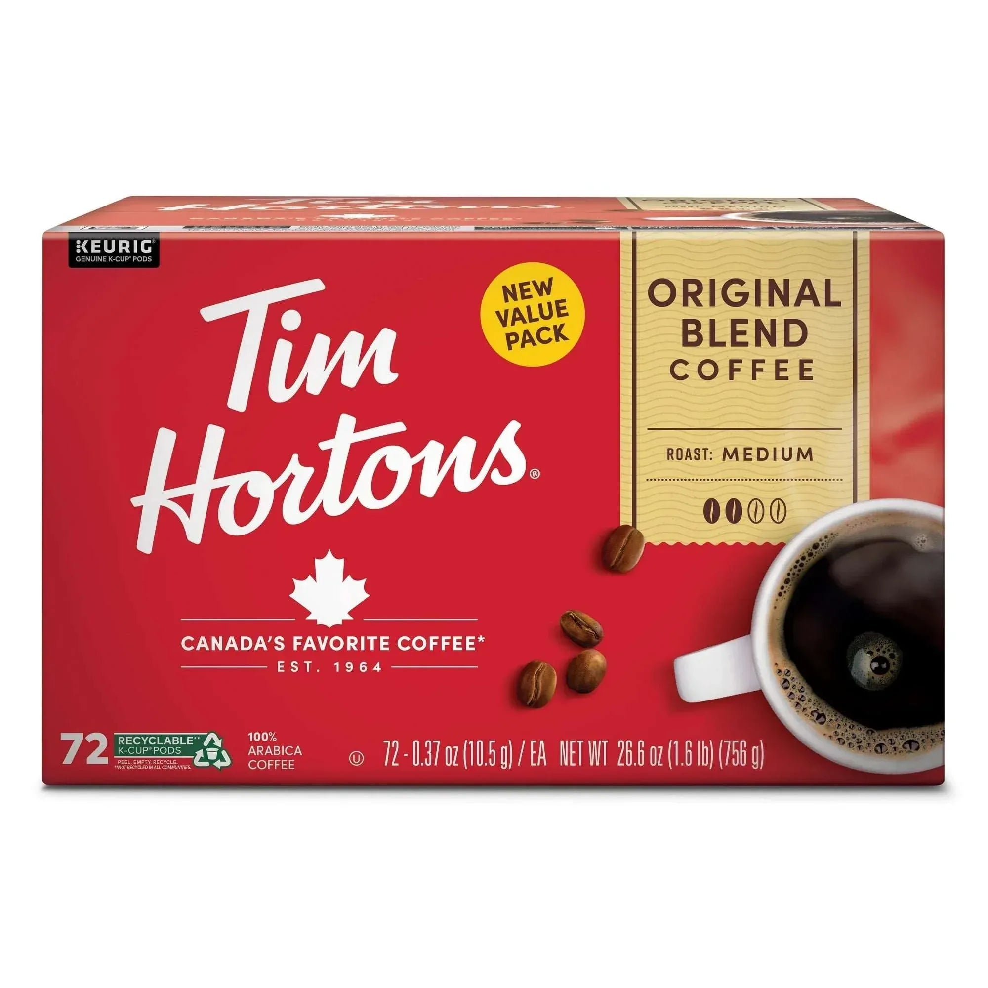 Tim Hortons Original Blend Medium Roast K-Cup Coffee Pods for Keurig Brewers, 72 Ct