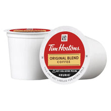 Tim Hortons Original Blend coffee K-cup pod in white holder, red label