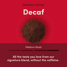 Decaf ground coffee with medium roast grounds in a red product card.