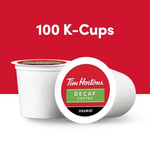 100 K-cup decaf coffee pods with white pod cup and green Tim Hortons label.