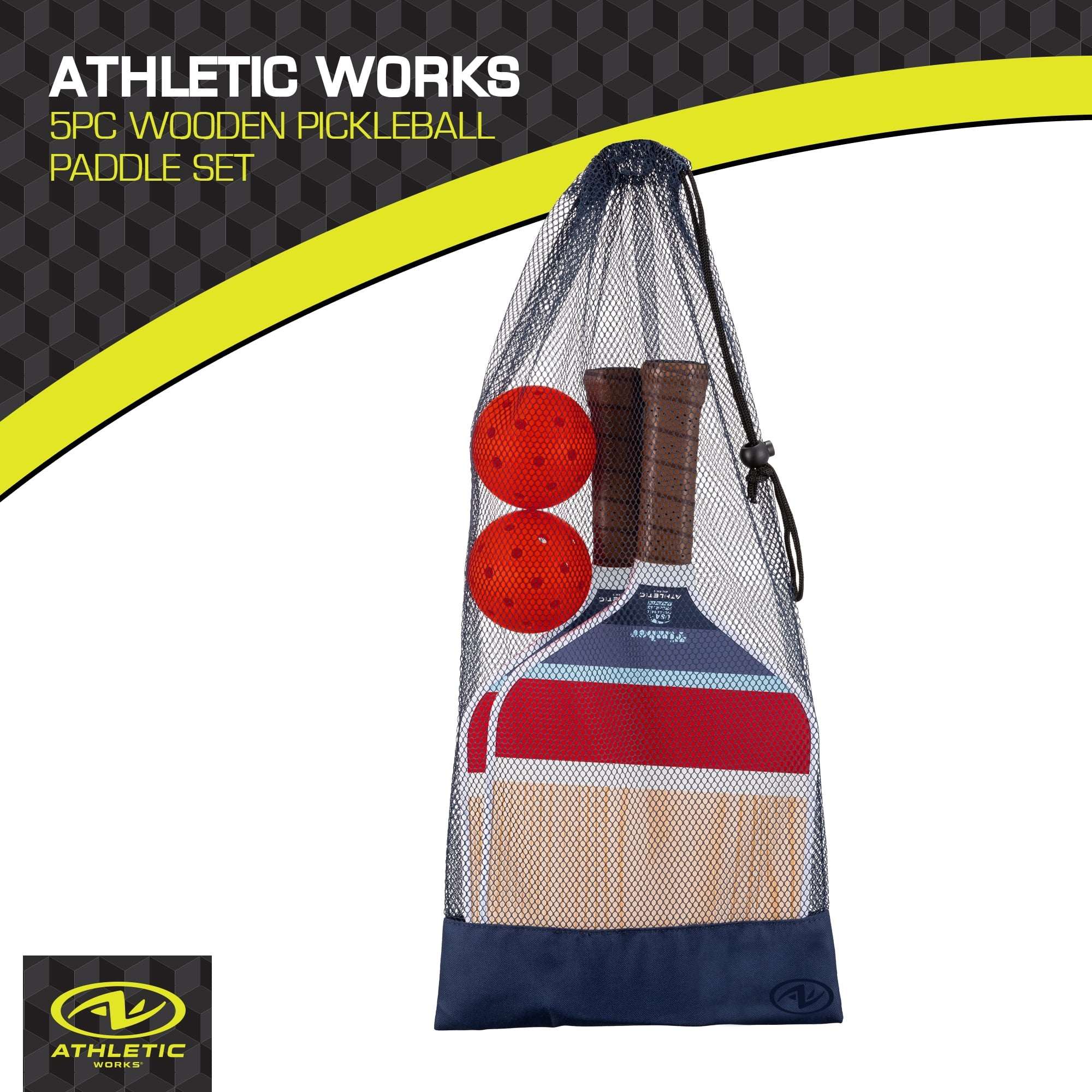 Athletic Works Timber Wooden 2-Player Pickleball Paddle Set, Includes 2 Paddles/2 Pickleballs/Carry Bag, Red/White/Blue
