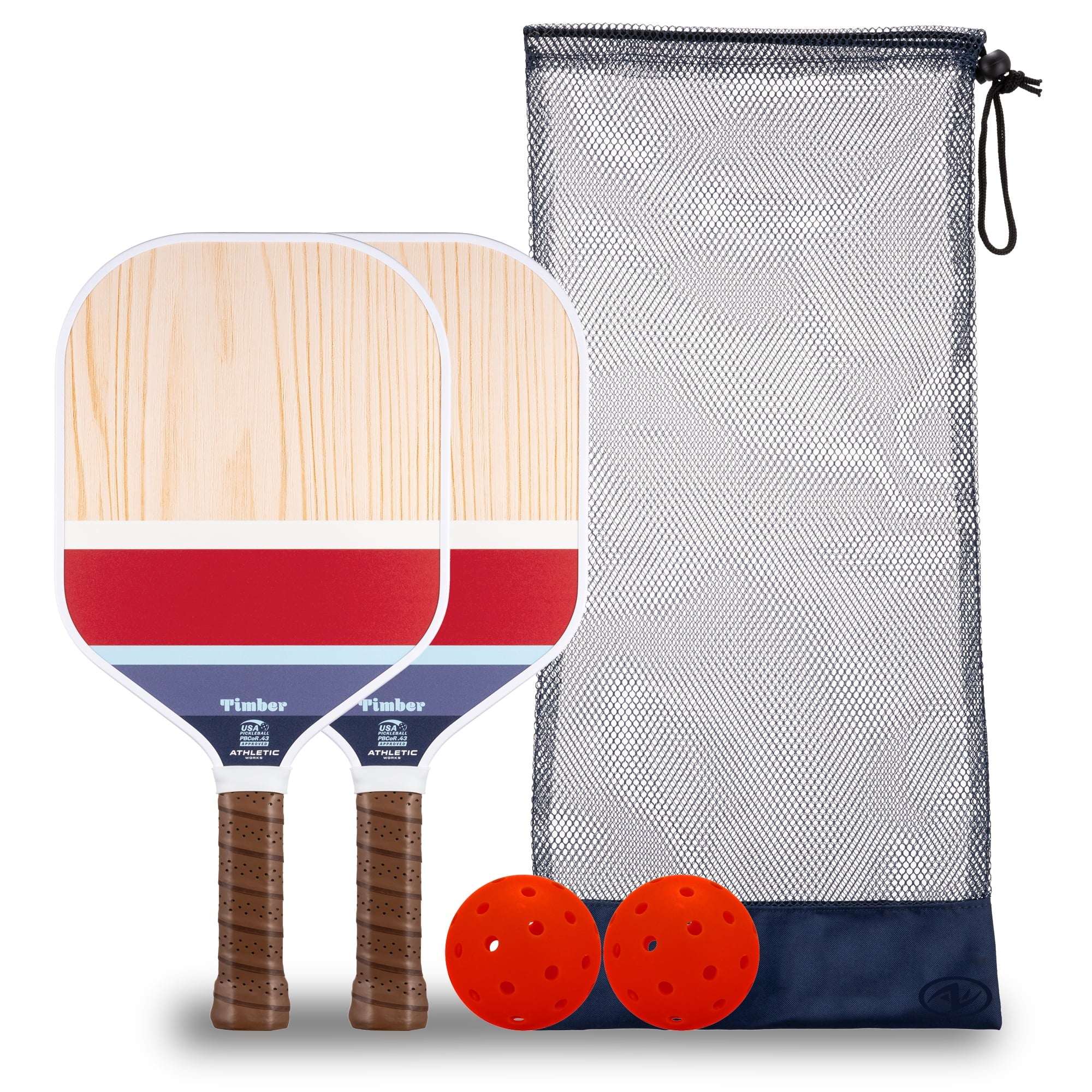 Athletic Works Timber Wooden 2-Player Pickleball Paddle Set, Includes 2 Paddles/2 Pickleballs/Carry Bag, Red/White/Blue
