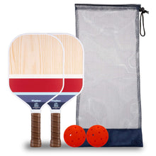 Pickleball paddle set: two wooden paddles, two red balls, mesh carry bag