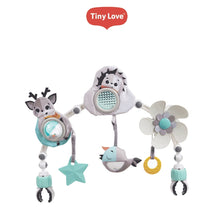 Stroller toy arch with hedgehog, cow, bird, star and flower hangers in teal and white